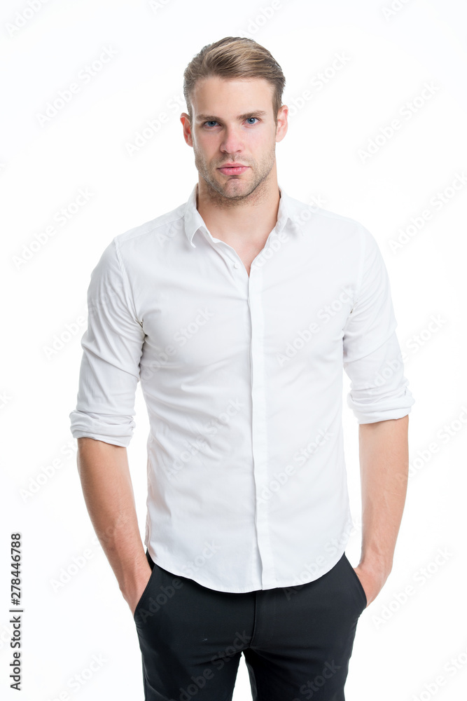 Guy handsome office worker. Working formal dress code. Menswear formal  style. Clerical and middle chain management. White collar worker. Man well  groomed formal elegant shirt white background foto de Stock | Adobe
