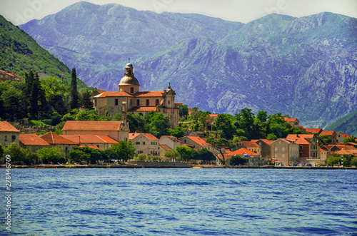 View of the historic town of Perast at famous Bay of Kotor on a beautiful sunny day