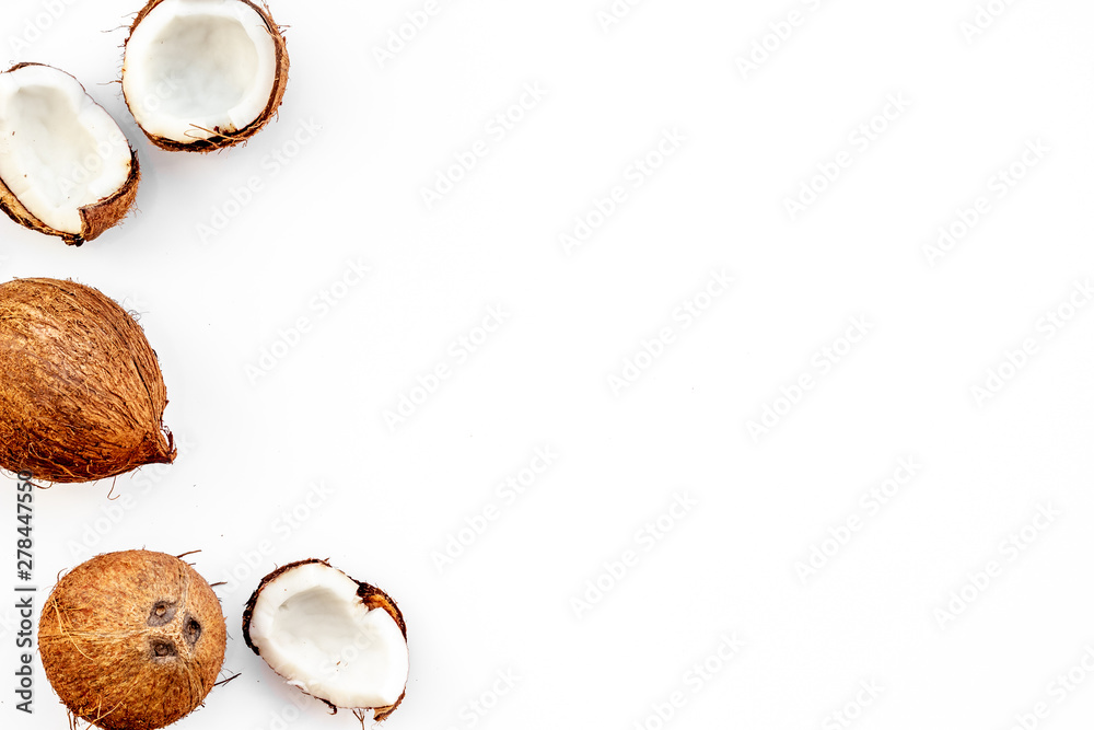 natural coconut to make organic cosmetics on white background top view space for text natural coconut to make organic cosmetics on white background top view space for text
