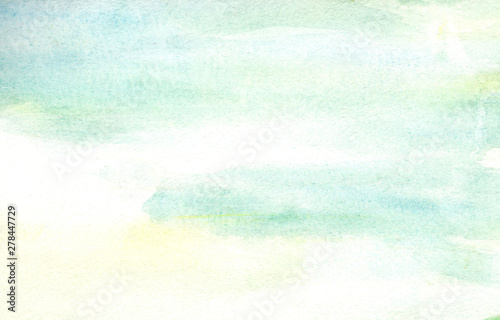 Handmade illustration light sky blue and light yellow watercolor background. Aquarelle paint paper textured canvas element for copy space, greeting card, template.