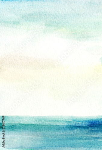 Handmade illustration light sky blue and yellow watercolor background. Sea, sky.Aquarelle paint paper textured canvas element for copy space, greeting card, template.