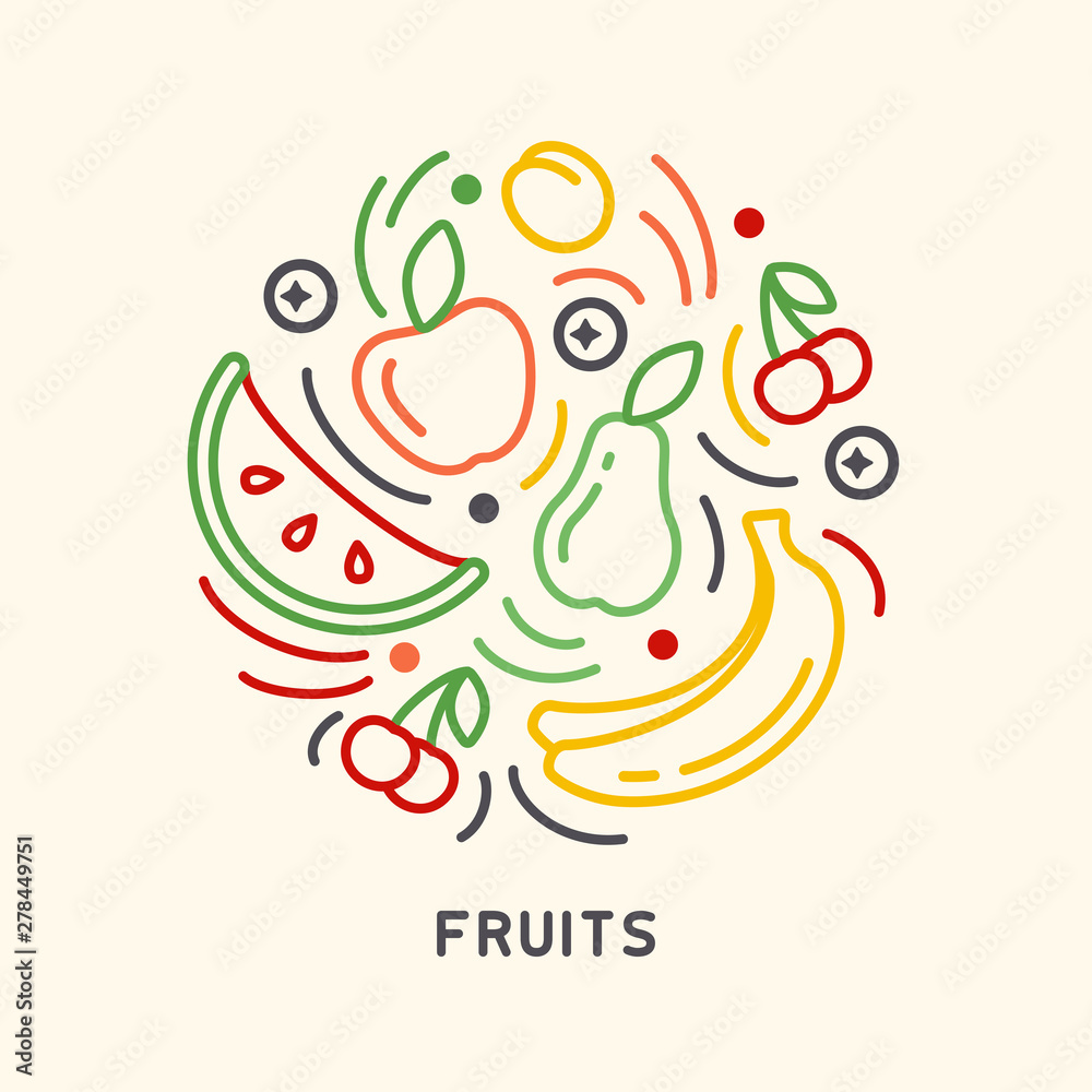 Round form set of fruits icons in linear style
