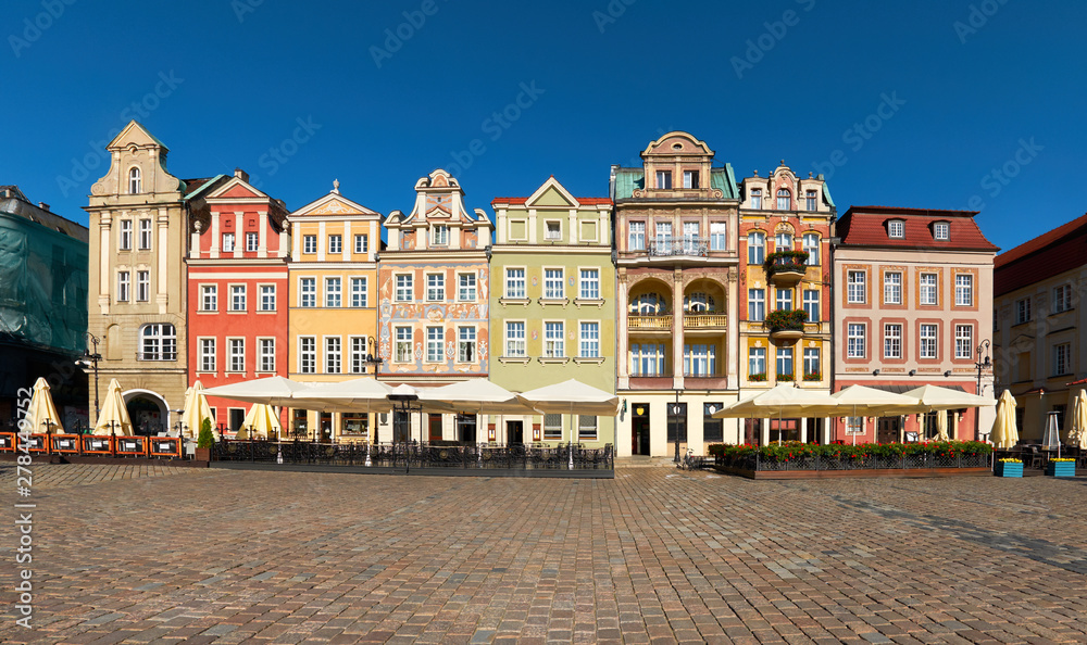 Colorful renaissance facades of old buildings on the Maket square in Poznan