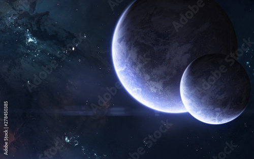 Two planets in blue light in deep space. Science fiction. Elements of this image furnished by NASA