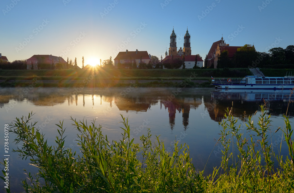 Morning view from across river Warta in Poznan, Poland.