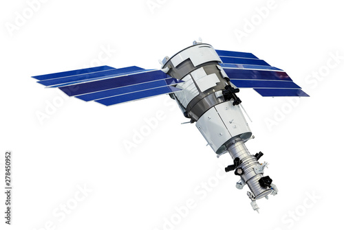 Orbital artificial earth satellite with blue solar panels on the sides surface probing isolated on white background photo