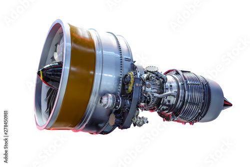 Airplane jet engine isolated on white background, with work path