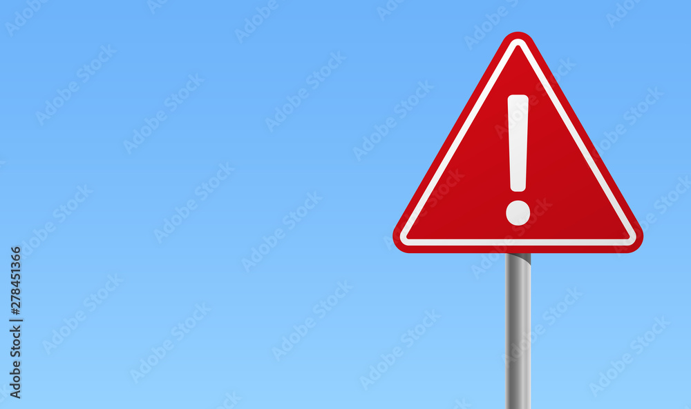 Red sign exclamation mark warning icon blue background