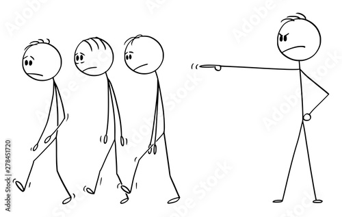 Vector cartoon stick figure drawing conceptual illustration of boss or businessman firing out or expelling away.