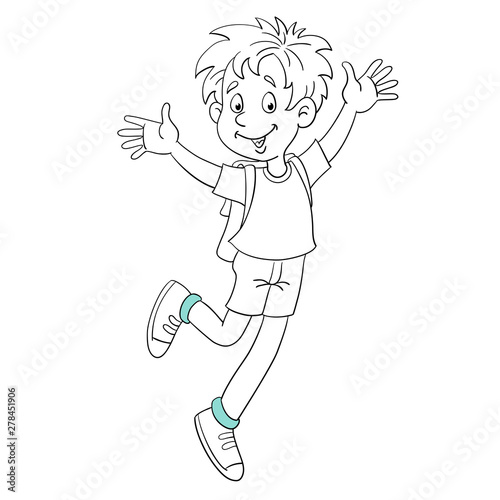 Little funny boy runs to school with a backpack.   Black and white picture with blie accent. In cartoon style. Isolated on white background. For coloring book.