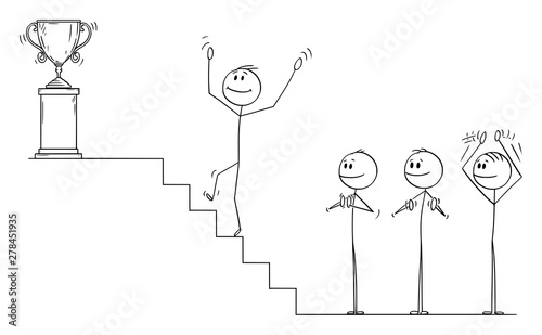 Vector cartoon stick figure drawing conceptual illustration of businessman climbing up the stairs for the winner's trophy, while business team is applauding and clapping.