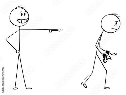 Vector cartoon stick figure drawing conceptual illustration of businessman making a mock or ridicule to man going to jail with shackles or handcuffs on hands.