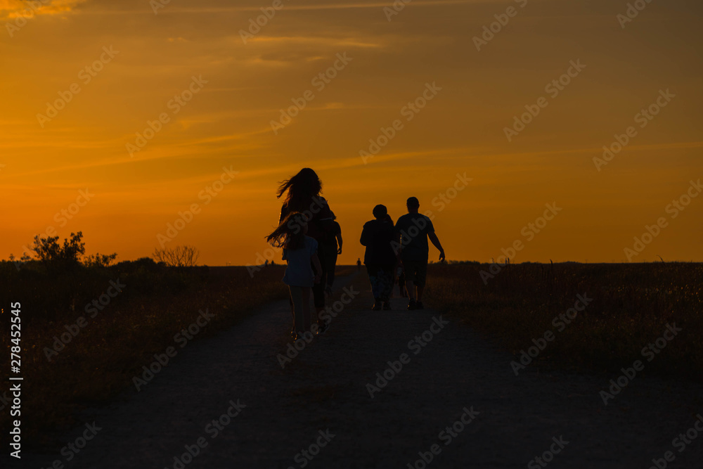silhouette of people walking towards the horizon during sunset