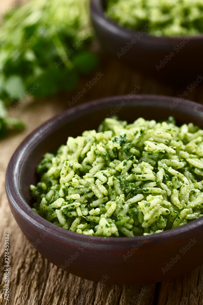 Traditional Mexican Arroz Verde green rice dish made of long-grain rice, spinach, cilantro and garlic, served in rustic bowl (Selective Focus, Focus one third into the rice) Traditional Mexican Arroz Verde green rice dish made of long-grain rice, spinach, cilantro and garlic, served in rustic bowl (Selective Focus, Focus one third into the rice)