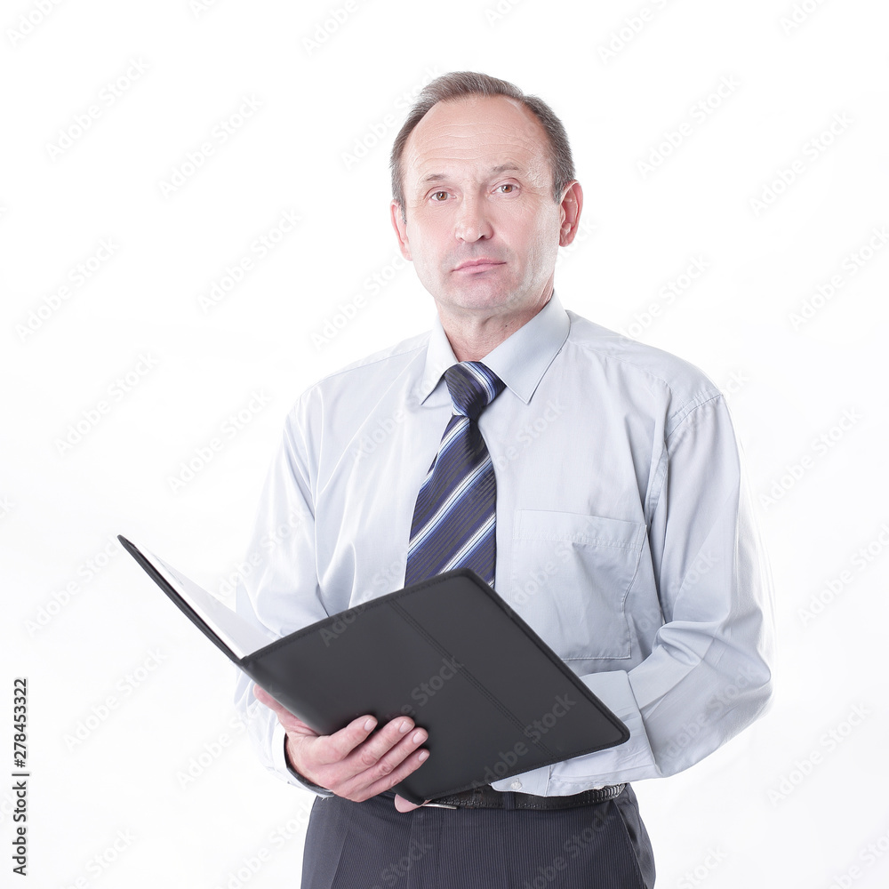 serious businessman with a clipboard. isolated on white serious businessman with a clipboard. isolated on white