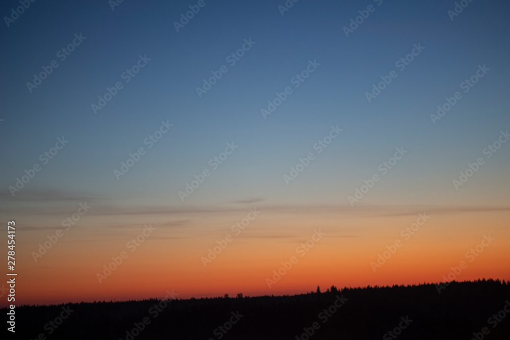 Evening sky. Beautiful sunset. Les on the sky. Silhouette of a forest in the distance. Background in minimalism style. Soft colors at sunset