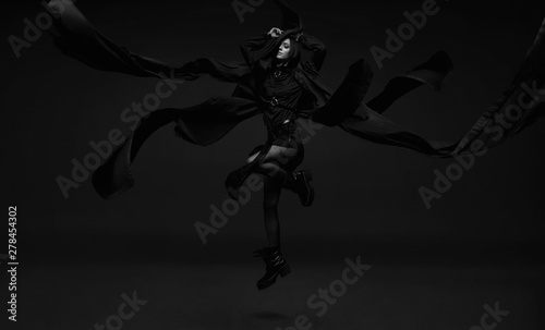 Portrait of mysterious sensual beautiful brunette woman in flying dress. High fashion model posing in studio on dark background. Black and white.