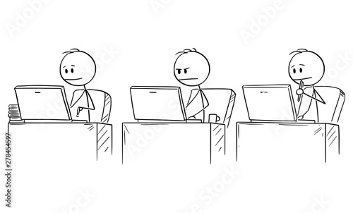 Vector cartoon stick figure drawing conceptual illustration of three businessmen working or typing in office on computers.
