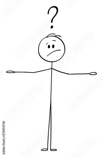 Vector cartoon stick figure drawing conceptual illustration of man or businessman balancing two things on his hands and thinking about. There is empty space for your texts.