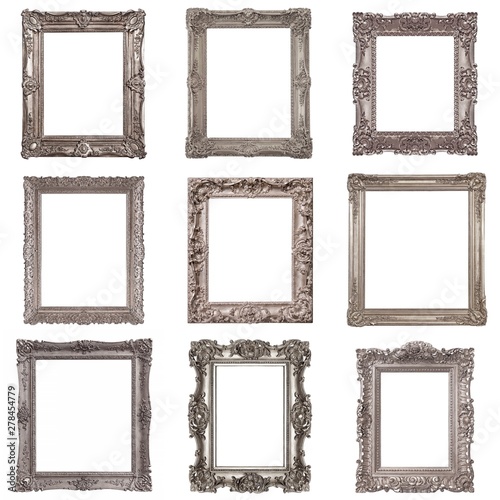 Set of silver frames for paintings, mirrors or photo isolated on white background 