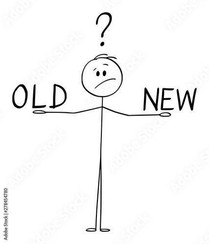 Vector cartoon stick figure drawing conceptual illustration of man or businessman balancing old and new on his hands and thinking about.