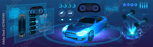 Auto service of the future, high-tech diagnostics car in the style of HUD. Autonomous car vehicle with infographic. Isometric smart car banner. HUD UI interface elements. Vector Illustration