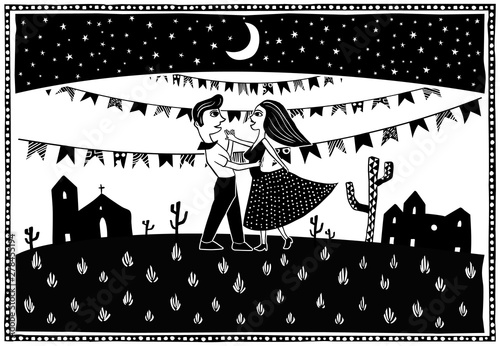 Dancing in the moonlight. Cute couple dancing. Big party Festa junina traditional Brazilian woodcut style vector illustration photo