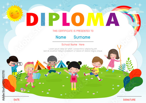 Certificate kids diploma, kindergarten template layout space background frame design vector. Preschool Kids Diploma,Certificate of children diploma, education preschool concept. Vector Illustration