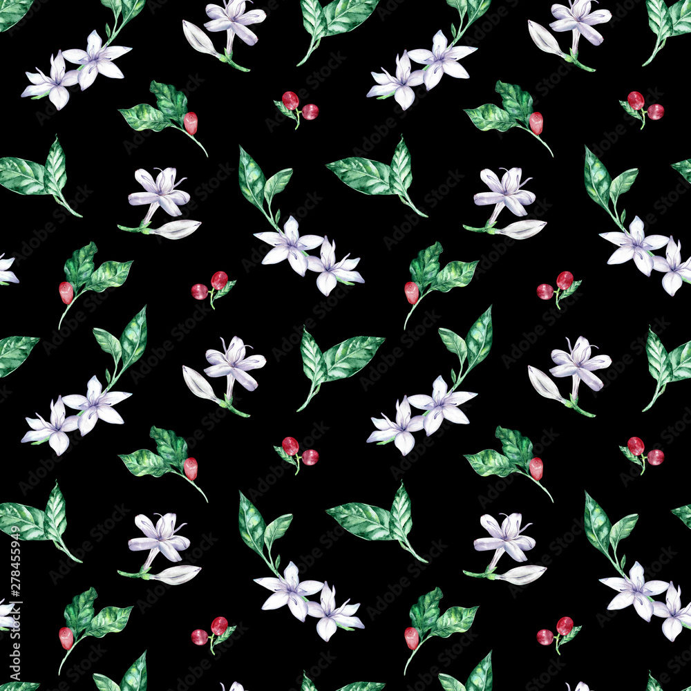 Watercolor seamless pattern with coffee flowers, berries and leaves. Watercolor seamless pattern with coffee flowers, berries and leaves.
