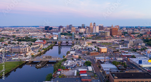 Dusk Falls on the Urban Downtown Metro Area of Newark New Jersey