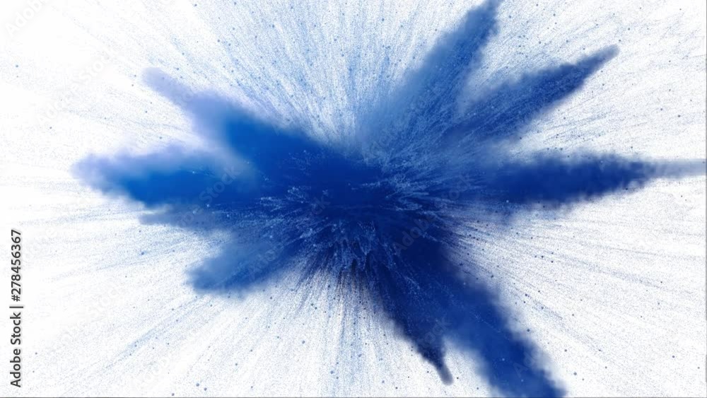 Blue color powder explosion on white isolated background. 3d render super slow motion