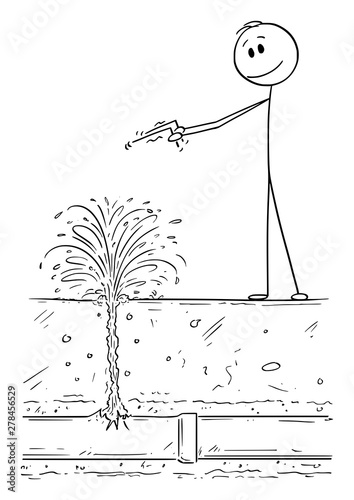 Vector cartoon stick figure drawing conceptual illustration of diviner or dowser searching for water in ground, but found broken pipe instead.
