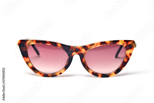 Stylish modern design tiger Sunglasses with pink lenses on a white background.