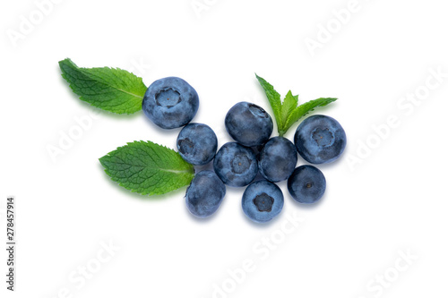 Closeup blueberry berries with mint leaves isolated on white background. Photo of blueberry for designers on the banner. Useful berries for sight