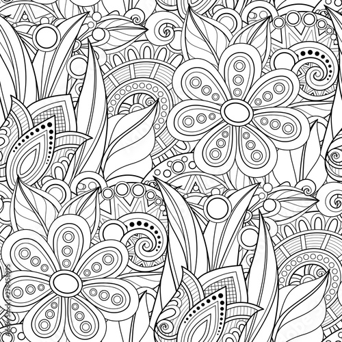 Monochrome Seamless Pattern with Floral Motifs