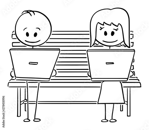 Vector cartoon stick figure drawing conceptual illustration of couple of man and woman using social media or working on computers while sitting on park bench.