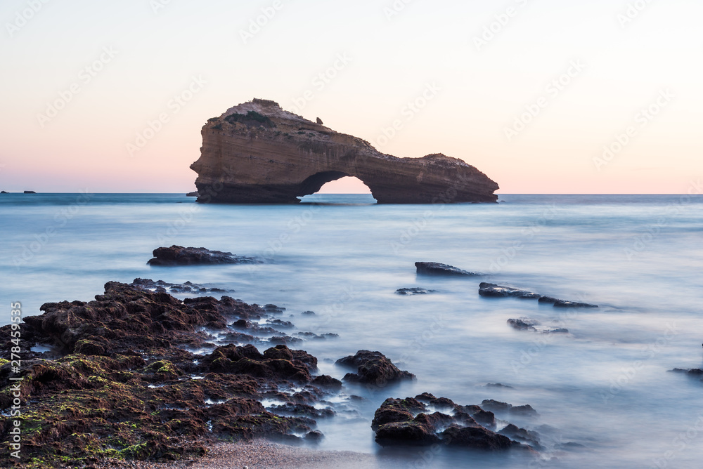 Miramar beach in Biarritz city at low tide, long exposure. Basque country of France.