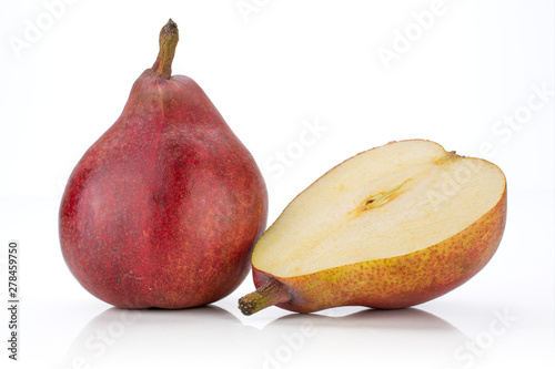Group of one whole one half of fresh dark red pear anjou cross section isolated on white background