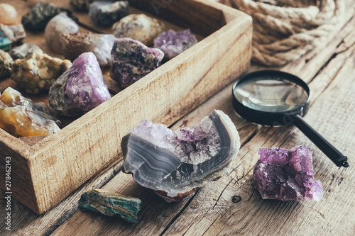 Mineral collection. Set from mineral stones: turquoise, morion, smoky quartz, rhinestone, chalcedony, amethyst, agate, onyx ,chalcedony.