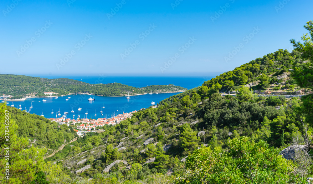 View of the old city of Vis with stone houses and red rooftops and the harbor with sailing boats and yachts in summer viewed from above over green mediterranean vegetation, Vis island, Croatia, Europe