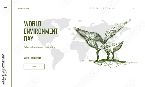 Several grass shoots. Polygonal wireframe composition. World environment day concept. Abstract illustration isolated on white background. Particles are connected in a geometric silhouette.