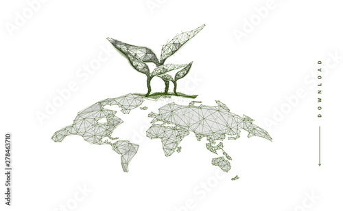 World map with grass sprout . Polygonal wireframe composition. Ecology planet concept. Abstract illustration isolated on white background. Particles are connected in a geometric silhouette.