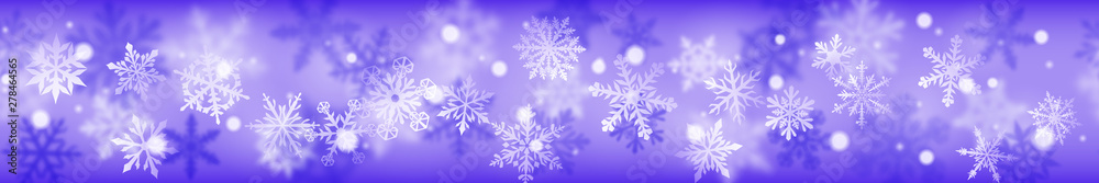Christmas banner of complex blurred and clear snowflakes in white colors on blue background. With horizontal repetition Christmas banner of complex blurred and clear snowflakes in white colors on blue background. With horizontal repetition