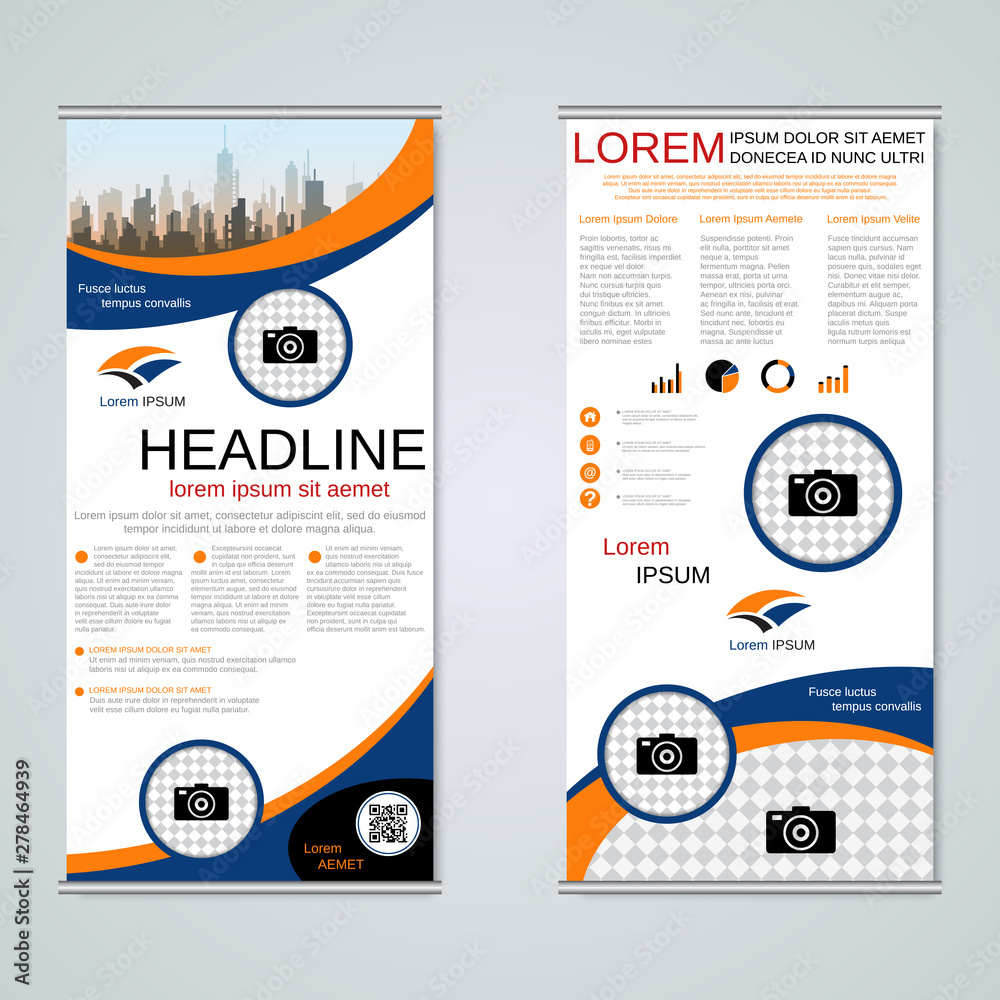 Modern roll-up business banners, two-sided flyer vector design template