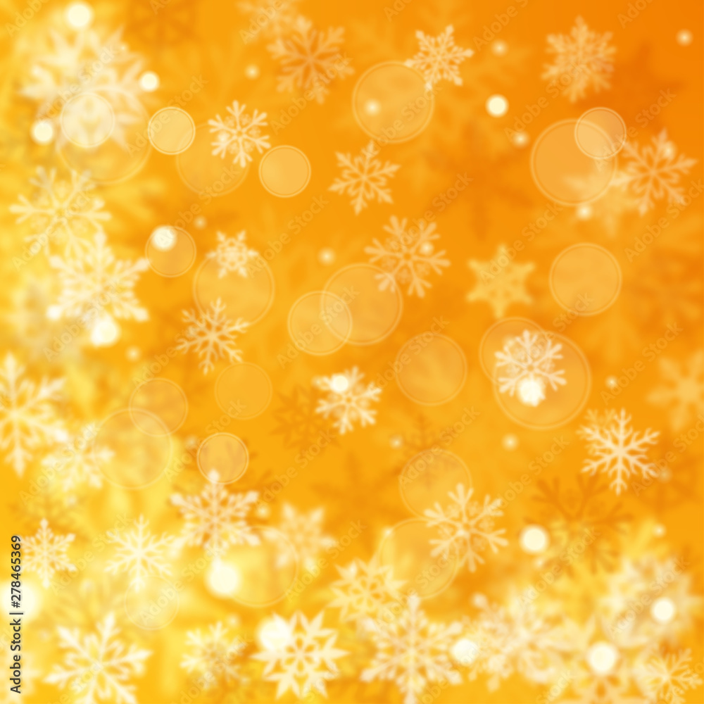 Christmas blurred background of complex defocused big and small falling snowflakes in yellow colors with bokeh effect Christmas blurred background of complex defocused big and small falling snowflakes in yellow colors with bokeh effect