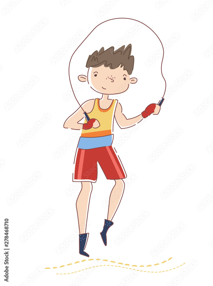Young boxer training in gym. Smiling caucasian sportsman is jumping on rope. Concept of professional sport. Guy preparing to competition. Vector illustration. Isolated on white background Young boxer training in gym. Smiling caucasian sportsman is jumping on rope. Concept of professional sport. Guy preparing to competition. Vector illustration. Isolated on white background