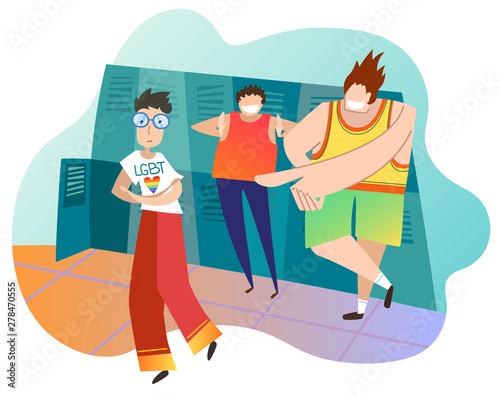 Teenagers mocking female classmate at school. Teenage girl is lesbian. Concept of infringement of rights of LGBT community. Adolescent violence, mockery. Bullying. Colorful vector illustration