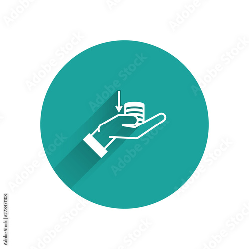 White Money on hand icon isolated with long shadow. Palm holds cash with down. Cash salary decrease. Green circle button. Vector Illustration