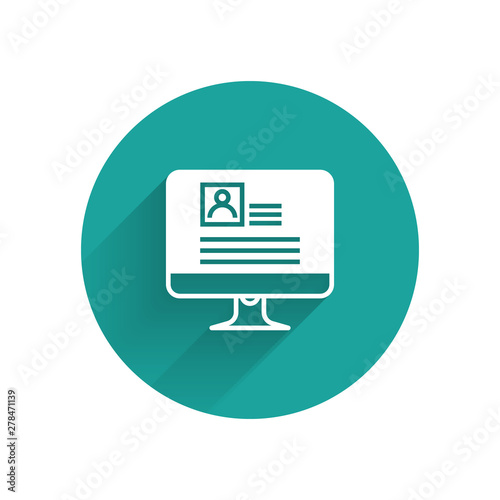 White Computer monitor with resume icon isolated with long shadow. CV application. Searching professional staff. Analyzing personnel resume. Green circle button. Vector Illustration