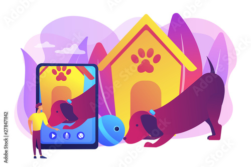 Dog walker and petsitter application on smartphone. Robotic pet sitters, interactive pets entertainment, keep an eye on your pets concept. Bright vibrant violet vector isolated illustration